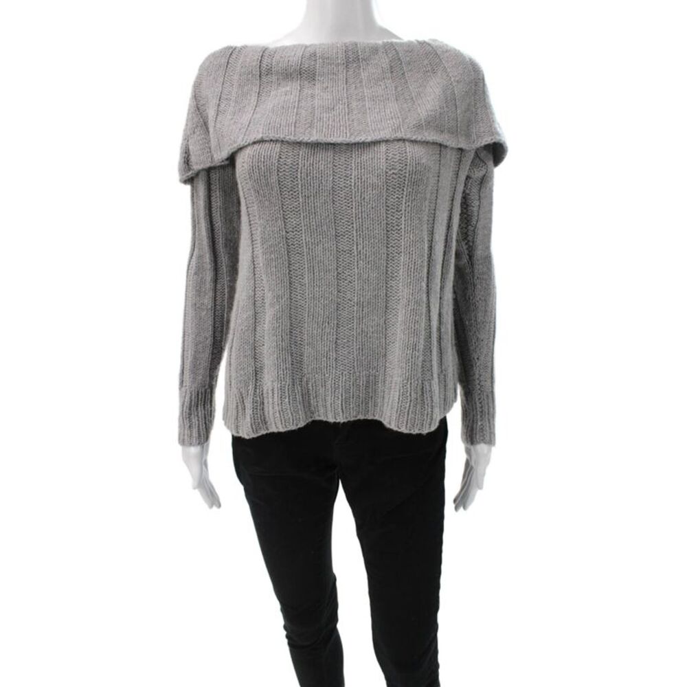 Sharis Place Womens Cashmere Boat Neck Pullover Sweater Gray Long Sleeve Size M